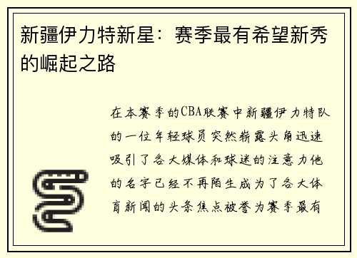 新疆伊力特新星：赛季最有希望新秀的崛起之路